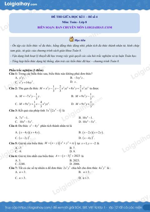 Đề thi giữa kì 1 Toán 8 - Đề số 4